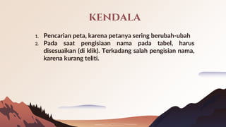 kendala
1. Pencarian peta, karena petanya sering berubah-ubah
2. Pada saat pengisiaan nama pada tabel, harus
disesuaikan (di klik). Terkadang salah pengisian nama,
karena kurang teliti.
 