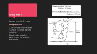 Tercio inferior
Distancia entre Sn y Me’.
Interpretación:
Aumentado: Crecimiento
vertical, mordida abierta
anterior.
Disminuida: Mordida
profunda, Crecimiento
horizontal.
 