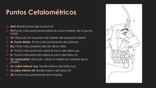 Puntos Cefalométricos
 Md1:Borde incisal del incisivo inf.
 Pn:Punto más prominente sobre la curva anterior de la punta
nasal.
 Or’:Ubicado en la parte más inferior del parpado inferior
 M, Punto Malar. Punto más prominente del pómulo.
 Ba: Parte más posterior del ala de la nariz.
 A’: Punto más profundo sobre el surco del labio sup.
 B’: Punto más profundo sobre el surco del labio inf.
 Sp, Subpupilar: Ubicado sobre la mejilla,por debajo de la
pupila.
 Lis, Labio interno sup: borde interno del labio sup.
 Lii,Labio interno inf: Borde interno del labio inf.
 Gl: Punto más porminente de la frente.
 