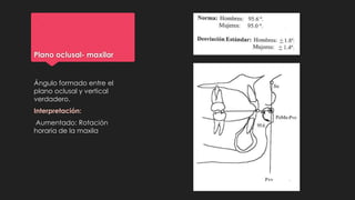 Plano oclusal- maxilar
Ángulo formado entre el
plano oclusal y vertical
verdadero.
Interpretación:
Aumentado: Rotación
horaria de la maxila
 