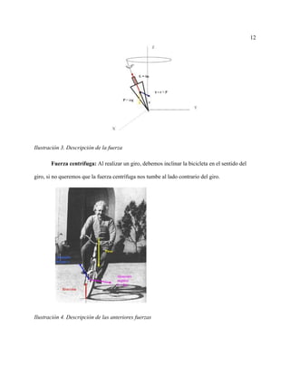 12
Ilustración 3. Descripción de la fuerza
Fuerza centrífuga: Al realizar un giro, debemos inclinar la bicicleta en el sentido del
giro, si no queremos que la fuerza centrífuga nos tumbe al lado contrario del giro.
Ilustración 4. Descripción de las anteriores fuerzas
 