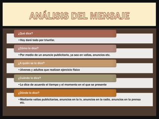 •Hoy daré todo por triunfar.
¿Qué dice?
•Por medio de un anuncio publicitario, ya sea en vallas, anuncios etc.
¿Cómo lo dice?
•Jóvenes y adultos que realizan ejercicio físico
¿A quién se lo dice?
•Lo dice de acuerdo el tiempo y el momento en el que se presente
¿Cuándo lo dice?
•Mediante vallas publicitarias, anuncios en la tv, anuncios en la radio, anuncios en la prensa
etc.
¿Dónde lo dice?
 