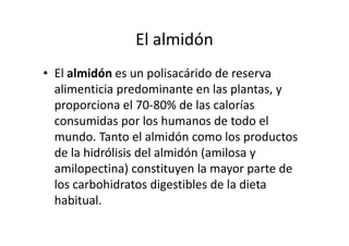 El almidón
• El almidón es un polisacárido de reserva
alimenticia predominante en las plantas, y
proporciona el 70-80% de las calorías
consumidas por los humanos de todo elconsumidas por los humanos de todo el
mundo. Tanto el almidón como los productos
de la hidrólisis del almidón (amilosa y
amilopectina) constituyen la mayor parte de
los carbohidratos digestibles de la dieta
habitual.
 