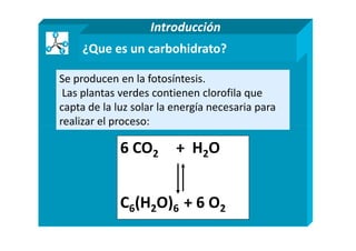 ¿Que es un carbohidrato?
Se producen en la fotosíntesis.
Las plantas verdes contienen clorofila que
capta de la luz solar la energía necesaria para
realizar el proceso:
Introducción
realizar el proceso:
6 CO2 + H2O
C6(H2O)6 + 6 O2
 