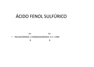 ÁCIDO FENOL SULFÚRICO
H+ H+H+ H+
• POLISACÁRIDOS → MONOSACÁRIDOS → F + HMF
∆ ∆
 