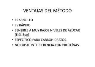 VENTAJAS DEL MÉTODO
• ES SENCILLO
• ES RÁPIDO
• SENSIBLE A MUY BAJOS NIVELES DE AZÚCAR
(E.G. 5μg)(E.G. 5μg)
• ESPECÍFICO PARA CARBOHIDRATOS.
• NO EXISTE INTERFERENCIA CON PROTEÍNAS
 