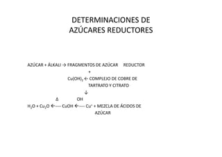 DETERMINACIONES DE
AZÚCARES REDUCTORES
AZÚCAR + ÁLKALI → FRAGMENTOS DE AZÚCAR REDUCTOR
+
Cu(OH)2 ← COMPLEJO DE COBRE DECu(OH)2 ← COMPLEJO DE COBRE DE
TARTRATO Y CITRATO
↓
∆ OH
H2O + Cu2O ---- CuOH ---- Cu+ + MEZCLA DE ÁCIDOS DE
AZÚCAR
 