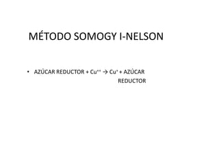 MÉTODO SOMOGY I-NELSON
• AZÚCAR REDUCTOR + Cu++ → Cu+ + AZÚCAR
REDUCTORREDUCTOR
 