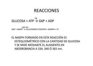 REACCIONES
HK
GLUCOSA + ATP → G6P + ADP
G6P-DH
G6P + NADP+ → GLUCONATO-FOSFATO + NADPH + H+
EL NADPH FORMADO EN ESTA REACCIÓN ES
ESTEQUIOMÉTRICO CON LA CANTIDAD DE GLUCOSA
Y SE MIDE MEDIANTE EL AUMJENTO EN
ABOSROBANCIA A 334, 340 Ó 365 nm.
 