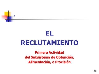 33
.
EL
RECLUTAMIENTO
Primera Actividad
del Subsistema de Obtención,
Alimentación, o Provisión
 