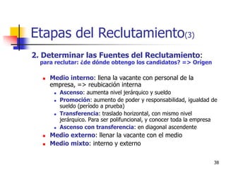38
Etapas del Reclutamiento(3)
2. Determinar las Fuentes del Reclutamiento:
para reclutar: ¿de dónde obtengo los candidatos? => Orígen
 Medio interno: llena la vacante con personal de la
empresa, => reubicación interna
 Ascenso: aumenta nivel jerárquico y sueldo
 Promoción: aumento de poder y responsabilidad, igualdad de
sueldo (período a prueba)
 Transferencia: traslado horizontal, con mismo nivel
jerárquico. Para ser polifuncional, y conocer toda la empresa
 Ascenso con transferencia: en diagonal ascendente
 Medio externo: llenar la vacante con el medio
 Medio mixto: interno y externo
 