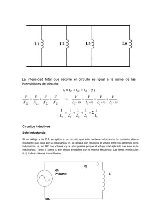 Circuitos inductivos
Solo inductancia
Si un voltaje v de C.A se aplica a un circuito que solo contiene inductancia, la corriente alterna
resultante que pasa por la inductancia, iT, se atrasa con respecto al voltaje entre los extremos de la
inductancia, vL, en 90o. los voltajes v y vL son iguales porque el voltaje total aplicado cae solo en la
inductancia. Tanto iL como vL son ondas sinodales con la misma frecuencia. Las letras minúsculas
(i, v) indican valores instantáneos.
 