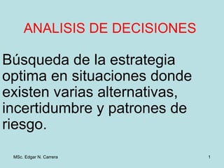 MSc. Edgar N. Carrera 1
ANALISIS DE DECISIONES
Búsqueda de la estrategia
optima en situaciones donde
existen varias alternativas,
incertidumbre y patrones de
riesgo.
 