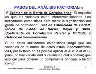 Autor: Prof. Rubén J. Rodríguez
Estadística II
Licenciatura en Sociología
10
PASOS DEL ANÁLISIS FACTORIAL(1)
1º Exámen de la Matriz de Correlaciones: El requisito
es que las variables estén intercorrelacionadas. Los
indicadores estadísticos para medir la significación del
grado de correlación: Test de Esfericidad de Barlett,
Índice de K-M-O de Kaiser, Meyer y Olkin,
Coeficiente de Correlación Parcial y Múltiple, y
Gráfico de Sedimentación.
Si de estos indicadores estadísticos surge que las
variables en la matriz de datos están incorrelaciona-
das, por lo tanto no es posible aplicar el ACP o el AFC,
pues, no hay variabilidad o variancia (total o común) que
explicar para obtener un componente principal o factor
común.
 