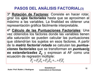 Autor: Prof. Rubén J. Rodríguez
Estadística II
Licenciatura en Sociología
12
PASOS DEL ANÁLISIS FACTORIAL(3)
3º Rotación de Factores: Consiste en hacer rotar,
girar los ejes factoriales hasta que se aproximen al
máximo a las variables. La finalidad es obtener una
representación gráfica fácilmente interpretable.
4º Cálculo de las Puntuaciones Factoriales: Una
vez obtenidos los factores donde las variables tienen
alta saturación se pueden calcular las puntuaciones
que obtendrían los sujetos en esos factores. A partir
de la matriz factorial rotada se calculan las puntua-
ciones factoriales que se transforman en puntuacio
es estandarizadas Zij y expresan al AF como una
ecuación de regresión múltiple:
1 1 2 2 ...
ij i i i i i j
F FZ F Z FZ
   
 