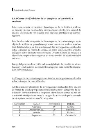 154 Provincia Nº 29, enero-junio 2013
Tinto Arandes, José Antonio
5.1.4 Cuarta fase (Definicion de las categorías de contenido a
analizar)
Esta etapa consiste en establecer las categorías de contenido a analizar,
en las que va a ser clasificada la información existente en la unidad de
análisis seleccionada con relación a los objetivos planteados en la inves-
tigación.
Para la adecuada escogencia de las categorías de contenido que serán
objeto de análisis, se procedió en primera instancia a realizar una lec-
tura detallada tanto de los resultados de las investigaciones realizadas
sobre la imagen de marca de España, así como también de los artículos
escogidos sobre el efecto país de origen. De esta manera, se procedió a
identificar y separar las categorías en estricto orden de aparición de las
mismas.
Luego del proceso de revisión del material objeto de estudio, se identi-
ficaron y establecieron las siguientes categorías para captar la informa-
ción correspondiente:
A) Categorías de contenido para analizar las investigaciones realizadas
sobre la imagen de marca España.
A1) Para conocer el número de investigaciones realizadas de la imagen
de marca de España por país; fueron identificadas 54 categorías de cla-
sificación correspondientes a los países identificados donde se han en-
contrado investigaciones sobre la imagen de marca de España. A modo
de ejemplo se muestran solo 36 categorias:
CATEGORIA PAÍSES CATEGORIA PAÍSES
1 Alemania 19 España
2 Alemania Occ. 20 Finlandia
3 Arabia 21 Francia
4 Argentina 22 Guatemala
 