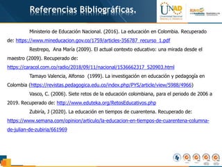 Referencias Bibliográficas.
Ministerio de Educación Nacional. (2016). La educación en Colombia. Recuperado
de: https://www.mineducacion.gov.co/1759/articles-356787_recurso_1.pdf
Restrepo, Ana María (2009). El actual contexto educativo: una mirada desde el
maestro (2009). Recuperado de:
https://caracol.com.co/radio/2018/09/11/nacional/1536662317_520903.html
Tamayo Valencia, Alfonso (1999). La investigación en educación y pedagogía en
Colombia (https://revistas.pedagogica.edu.co/index.php/PYS/article/view/5988/4966)
Vasco, C. (2006). Siete retos de la educación colombiana, para el periodo de 2006 a
2019. Recuperado de: http://www.eduteka.org/RetosEducativos.php
Zubiría, J (2020). La educación en tiempos de cuarentena. Recuperado de:
https://www.semana.com/opinion/articulo/la-educacion-en-tiempos-de-cuarentena-columna-
de-julian-de-zubiria/661969
 