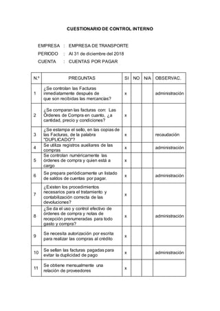 CUESTIONARIO DE CONTROL INTERNO
EMPRESA : EMPRESA DE TRANSPORTE
PERIODO : Al 31 de diciembre del 2018
CUENTA : CUENTAS POR PAGAR
N.º PREGUNTAS SI NO N/A OBSERVAC.
1
¿Se controlan las Facturas
inmediatamente después de
que son recibidas las mercancías?
x administración
2
¿Se comparan las facturas con: Las
Órdenes de Compra en cuanto, ¿a
cantidad, precio y condiciones?
x
3
¿Se estampa el sello, en las copias de
las Facturas, de la palabra
"DUPLICADO"?
x recaudación
4
Se utiliza registros auxiliares de las
compras
x administración
5
Se controlan numéricamente las
órdenes de compra y quien está a
cargo
x
6
Se prepara periódicamente un listado
de saldos de cuentas por pagar.
x administración
7
¿Existen los procedimientos
necesarios para el tratamiento y
contabilización correcta de las
devoluciones?
x
8
¿Se da el uso y control efectivo de
órdenes de compra y notas de
recepción prenumeradas para todo
gasto y compra?
x administración
9
Se necesita autorización por escrita
para realizar las compras al crédito
x
10
Se sellan las facturas pagadas para
evitar la duplicidad de pago
x administración
11
Se obtiene mensualmente una
relación de proveedores
x
 