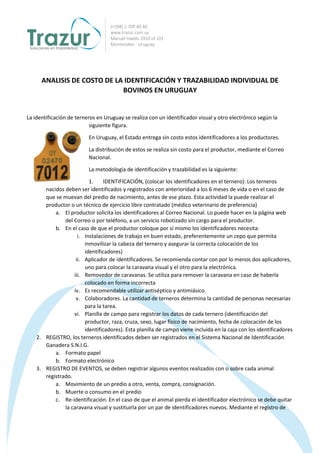(+598) 2 709 40 40
www.trazur.com.uy
Manuel Haedo 2910 of.101
Montevideo - Uruguay
ANALISIS DE COSTO DE LA IDENTIFICACIÓN Y TRAZABILIDAD INDIVIDUAL DE
BOVINOS EN URUGUAY
La identificación de terneros en Uruguay se realiza con un identificador visual y otro electrónico según la
siguiente figura.
En Uruguay, el Estado entrega sin costo estos identificadores a los productores.
La distribución de estos se realiza sin costo para el productor, mediante el Correo
Nacional.
La metodología de identificación y trazabilidad es la siguiente:
1. IDENTIFICACIÓN, (colocar los identificadores en el ternero): Los terneros
nacidos deben ser identificados y registrados con anterioridad a los 6 meses de vida o en el caso de
que se muevan del predio de nacimiento, antes de ese plazo. Esta actividad la puede realizar el
productor o un técnico de ejercicio libre contratado (médico veterinario de preferencia)
a. El productor solicita los identificadores al Correo Nacional. Lo puede hacer en la página web
del Correo o por teléfono, a un servicio robotizado sin cargo para el productor.
b. En el caso de que el productor coloque por sí mismo los identificadores necesita:
i. Instalaciones de trabajo en buen estado, preferentemente un cepo que permita
inmovilizar la cabeza del ternero y asegurar la correcta colocación de los
identificadores)
ii. Aplicador de identificadores. Se recomienda contar con por lo menos dos aplicadores,
uno para colocar la caravana visual y el otro para la electrónica.
iii. Removedor de caravanas. Se utiliza para remover la caravana en caso de haberla
colocado en forma incorrecta
iv. Es recomendable utilizar antiséptico y antimiásico.
v. Colaboradores. La cantidad de terneros determina la cantidad de personas necesarias
para la tarea.
vi. Planilla de campo para registrar los datos de cada ternero (identificación del
productor, raza, cruza, sexo, lugar físico de nacimiento, fecha de colocación de los
identificadores). Esta planilla de campo viene incluida en la caja con los identificadores
2. REGISTRO, los terneros identificados deben ser registrados en el Sistema Nacional de Identificación
Ganadera S.N.I.G.
a. Formato papel
b. Formato electrónico
3. REGISTRO DE EVENTOS, se deben registrar algunos eventos realizados con o sobre cada animal
registrado.
a. Movimiento de un predio a otro, venta, compra, consignación.
b. Muerte o consumo en el predio
c. Re-identificación. En el caso de que el animal pierda el identificador electrónico se debe quitar
la caravana visual y sustituirla por un par de identificadores nuevos. Mediante el registro de
 