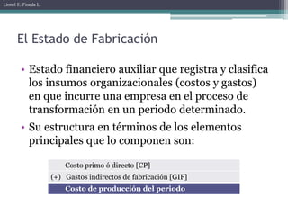 Lionel E. Pineda L.




       El Estado de Fabricación

        • Estado financiero auxiliar que registra y clasifica
          los insumos organizacionales (costos y gastos)
          en que incurre una empresa en el proceso de
          transformación en un periodo determinado.
        • Su estructura en términos de los elementos
          principales que lo componen son:

                          Costo primo ó directo [CP]
                      (+) Gastos indirectos de fabricación [GIF]
                          Costo de producción del periodo
 