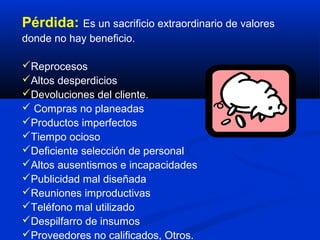 Pérdida: Es un sacrificio extraordinario de valores
donde no hay beneficio.

Reprocesos
Altos desperdicios
Devoluciones del cliente.
 Compras no planeadas
Productos imperfectos
Tiempo ocioso
Deficiente selección de personal
Altos ausentismos e incapacidades
Publicidad mal diseñada
Reuniones improductivas
Teléfono mal utilizado
Despilfarro de insumos
Proveedores no calificados, Otros.
 