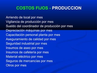 COSTOS FIJOS - PRODUCCION

Arriendo de local por mes
Vigilancia de producción por mes
Sueldo del coordinador de producción por mes
Depreciación máquinas por mes
Capacitación personal planta por mes
Aseguramiento de calidad por mes
Seguridad industrial por mes
Insumos de aseo por mes
Insumos de cafetería por mes
Material eléctrico por mes
Seguros de mercancías por mes
Otros por mes
 