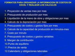FORMATOS PARA ORGANIZAR LA INFORMACION DE COSTOS EN
           EXCEL Y REALIZAR LOS CALCULOS

1. Proyección de ventas mes por mes
2. Presupuesto de producción por mes
3. Liquidación de la mano de obra y obligaciones por mes
4. Calculo de la depreciación por mes
5. Presupuesto de costos y gastos fijos por mes
6. Calculo de la capacidad de producción en minutos-mes
7. Costo por minuto
8. Presupuesto de costos y gastos variables
9. Margen de contribución
10.Punto de equilibrio
11.Precios de venta
12.Calendario y obligaciones laborales
 