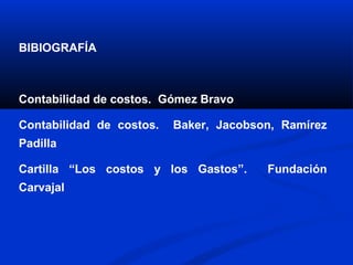 BIBIOGRAFÍA



Contabilidad de costos. Gómez Bravo

Contabilidad de costos.   Baker, Jacobson, Ramírez
Padilla

Cartilla “Los costos y los Gastos”.     Fundación
Carvajal
 