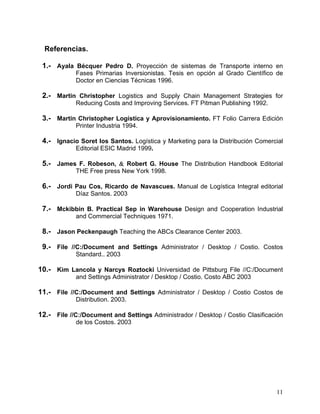 Referencias.
1.- Ayala Bécquer Pedro D. Proyección de sistemas de Transporte interno en
Fases Primarias Inversionistas. Tesis en opción al Grado Científico de
Doctor en Ciencias Técnicas 1996.

2.- Martin Christopher Logistics and Supply Chain Management Strategies for
Reducing Costs and Improving Services. FT Pitman Publishing 1992.

3.- Martin Christopher Logística y Aprovisionamiento. FT Folio Carrera Edición
Printer Industria 1994.

4.- Ignacio Soret los Santos. Logística y Marketing para la Distribución Comercial
Editorial ESIC Madrid 1999.

5.- James F. Robeson, & Robert G. House The Distribution Handbook Editorial
THE Free press New York 1998.

6.- Jordi Pau Cos, Ricardo de Navascues. Manual de Logística Integral editorial
Díaz Santos. 2003

7.- Mckibbin B. Practical Sep in Warehouse Design and Cooperation Industrial
and Commercial Techniques 1971.

8.- Jason Peckenpaugh Teaching the ABCs Clearance Center 2003.
9.- File //C:/Document and Settings Administrator / Desktop / Costio. Costos
Standard.. 2003

10.- Kim Lancola y Narcys Roztocki Universidad de Pittsburg File //C:/Document
and Settings Administrator / Desktop / Costio. Costo ABC 2003

11.- File //C:/Document and Settings Administrator / Desktop / Costio Costos de
Distribution. 2003.

12.- File //C:/Document and Settings Administrador / Desktop / Costio Clasificación
de los Costos. 2003

11

 