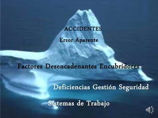 Factores Desencadenantes Encubridores
ACCIDENTES
Error Aparente
Deficiencias Gestión Seguridad
Sistemas de Trabajo
 