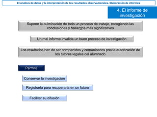 4. El informe de
investigación
El análisis de datos y la interpretación de los resultados observacionales. Elaboración de informes
Supone la culminación de todo un proceso de trabajo, recogiendo las
conclusiones y hallazgos más significativos
Permite
Conservar la investigación
Registrarla para recuperarla en un futuro
Facilitar su difusión
Los resultados han de ser compartidos y comunicados previa autorización de
los tutores legales del alumnado
Un mal informe invalida un buen proceso de investigación
 