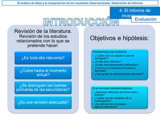 4. El informe de
investigación
El análisis de datos y la interpretación de los resultados observacionales. Elaboración de informes
Evaluación
 