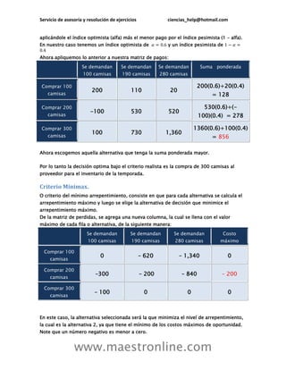 Servicio de asesoría y resolución de ejercicios              ciencias_help@hotmail.com


aplicándole el índice optimista (alfa) más el menor pago por el índice pesimista (1 – alfa).
En nuestro caso tenemos un índice optimista de               y un índice pesimista de

Ahora apliquemos lo anterior a nuestra matriz de pagos:
                    Se demandan        Se demandan        Se demandan        Suma ponderada
                     100 camisas        190 camisas       280 camisas

Comprar 100                                                                200(0.6)+20(0.4)
                         200                110               20
   camisas                                                                       = 128

Comprar 200                                                                   530(0.6)+(-
                        -100                530              520
   camisas                                                                 100)(0.4) = 278

Comprar 300                                                              1360(0.6)+100(0.4)
                         100                730             1,360
   camisas                                                                       = 856

Ahora escogemos aquella alternativa que tenga la suma ponderada mayor.

Por lo tanto la decisión optima bajo el criterio realista es la compra de 300 camisas al
proveedor para el inventario de la temporada.

Criterio Minimax.
O criterio del mínimo arrepentimiento, consiste en que para cada alternativa se calcula el
arrepentimiento máximo y luego se elige la alternativa de decisión que minimice el
arrepentimiento máximo.
De la matriz de perdidas, se agrega una nueva columna, la cual se llena con el valor
máximo de cada fila o alternativa, de la siguiente manera:

                      Se demandan           Se demandan        Se demandan          Costo
                       100 camisas          190 camisas         280 camisas        máximo

  Comprar 100
                             0                    – 620            – 1,340              0
    camisas

  Comprar 200
                           –300                   – 200            – 840            – 200
    camisas

  Comprar 300
                          – 100                    0                 0                  0
    camisas



En este caso, la alternativa seleccionada será la que minimiza el nivel de arrepentimiento,
la cual es la alternativa 2, ya que tiene el mínimo de los costos máximos de oportunidad.
Note que un número negativo es menor a cero.


                www.maestronline.com
 