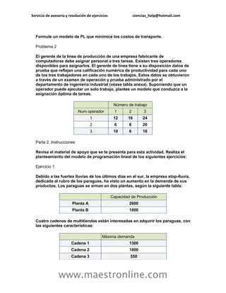 Servicio de asesoría y resolución de ejercicios                ciencias_help@hotmail.com




  Formule un modelo de PL que minimice los costos de transporte.

  Problema 2

  El gerente de la línea de producción de una empresa fabricante de
  computadoras debe asignar personal a tres tareas. Existen tres operadores
  disponibles para asignarlos. El gerente de línea tiene a su disposición datos de
  prueba que reflejan una calificación numérica de productividad para cada uno
  de los tres trabajadores en cada uno de los trabajos. Estos datos se obtuvieron
  a través de un examen de operación y prueba administrado por el
  departamento de ingeniería industrial (véase tabla anexa). Suponiendo que un
  operador puede ejecutar un solo trabajo, plantee un modelo que conduzca a la
  asignación óptima de tareas.

                                                   Número de trabajo
                            Num operador           1       2        3
                                    1              12     16        24
                                    2              6       8        20
                                    3              10      6        16

  Parte 2. Instrucciones

  Revisa el material de apoyo que se te presenta para esta actividad. Realiza el
  planteamiento del modelo de programación lineal de los siguientes ejercicios:

  Ejercicio 1

  Debido a las fuertes lluvias de los últimos días en el sur, la empresa stop-lluvia,
  dedicada al rubro de los paraguas, ha visto un aumento en la demanda de sus
  productos. Los paraguas se arman en dos plantas, según la siguiente tabla:

                                                  Capacidad de Producción
                         Planta A                          2600
                         Planta B                          1800

  Cuatro cadenas de multitiendas están interesadas en adquirir los paraguas, con
  las siguientes características:

                                           Máxima demanda
                        Cadena 1                           1300
                        Cadena 2                           1800
                        Cadena 3                           550



                www.maestronline.com
 