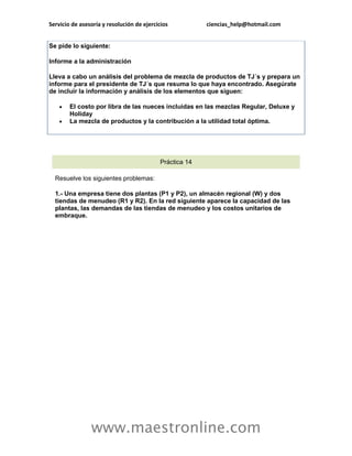Servicio de asesoría y resolución de ejercicios ciencias_help@hotmail.com 
www.maestronline.com 
Se pide lo siguiente: Informe a la administración Lleva a cabo un análisis del problema de mezcla de productos de TJ´s y prepara un informe para el presidente de TJ´s que resuma lo que haya encontrado. Asegúrate de incluir la información y análisis de los elementos que siguen:  El costo por libra de las nueces incluidas en las mezclas Regular, Deluxe y Holiday  La mezcla de productos y la contribución a la utilidad total óptima. 
Práctica 14 
Resuelve los siguientes problemas: 
1.- Una empresa tiene dos plantas (P1 y P2), un almacén regional (W) y dos tiendas de menudeo (R1 y R2). En la red siguiente aparece la capacidad de las plantas, las demandas de las tiendas de menudeo y los costos unitarios de embraque.  