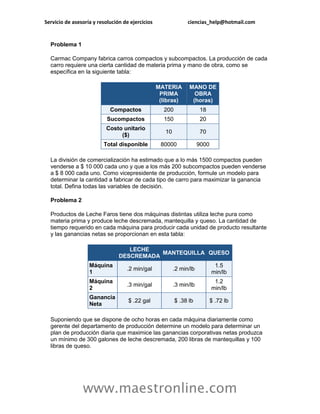 Servicio de asesoría y resolución de ejercicios                 ciencias_help@hotmail.com


  Problema 1

  Carmac Company fabrica carros compactos y subcompactos. La producción de cada
  carro requiere una cierta cantidad de materia prima y mano de obra, como se
  específica en la siguiente tabla:

                                                  MATERIA       MANO DE
                                                   PRIMA          OBRA
                                                   (libras)      (horas)
                            Compactos               200               18
                           Sucompactos              150               20
                          Costo unitario
                                                     10               70
                               ($)
                         Total disponible          80000              9000

  La división de comercialización ha estimado que a lo más 1500 compactos pueden
  venderse a $ 10 000 cada uno y que a los más 200 subcompactos pueden venderse
  a $ 8 000 cada uno. Como vicepresidente de producción, formule un modelo para
  determinar la cantidad a fabricar de cada tipo de carro para maximizar la ganancia
  total. Defina todas las variables de decisión.

  Problema 2

  Productos de Leche Faros tiene dos máquinas distintas utiliza leche pura como
  materia prima y produce leche descremada, mantequilla y queso. La cantidad de
  tiempo requerido en cada máquina para producir cada unidad de producto resultante
  y las ganancias netas se proporcionan en esta tabla:

                                   LECHE
                                           MANTEQUILLA QUESO
                                DESCREMADA
                   Máquina                                                    1.5
                                   .2 min/gal             .2 min/lb
                   1                                                         min/lb
                   Máquina                                                    1.2
                                   .3 min/gal             .3 min/lb
                   2                                                         min/lb
                   Ganancia
                                    $ .22 gal             $ .38 lb           $ .72 lb
                   Neta

  Suponiendo que se dispone de ocho horas en cada máquina diariamente como
  gerente del departamento de producción determine un modelo para determinar un
  plan de producción diaria que maximice las ganancias corporativas netas produzca
  un mínimo de 300 galones de leche descremada, 200 libras de mantequillas y 100
  libras de queso.




                www.maestronline.com
 