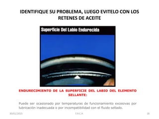 IDENTIFIQUE SU PROBLEMA, LUEGO EVITELO CON LOS
RETENES DE ACEITE
ENDURECIMIENTO DE LA SUPERFICIE DEL LABIO DEL ELEMENTO
SELLANTE:
Puede ser ocasionado por temperaturas de funcionamiento excesivas por
lubricación inadecuada o por incompatibilidad con el fluido sellado.
30/01/2015 18F.H.C.H.
 