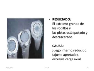 • RESULTADO:
El extremo grande de
los rodillos y
las pistas está gastado y
descascarado.
CAUSA:
Juego interno reducido
(ajuste apretado),
excesiva carga axial.
30/01/2015 27F.H.C.H.
 