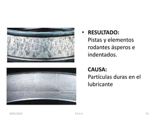 • RESULTADO:
Pistas y elementos
rodantes ásperos e
indentados.
CAUSA:
Partículas duras en el
lubricante
30/01/2015 32F.H.C.H.
 