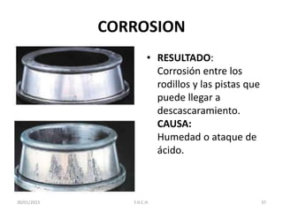CORROSION
• RESULTADO:
Corrosión entre los
rodillos y las pistas que
puede llegar a
descascaramiento.
CAUSA:
Humedad o ataque de
ácido.
30/01/2015 37F.H.C.H.
 