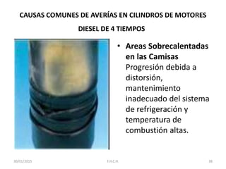 CAUSAS COMUNES DE AVERÍAS EN CILINDROS DE MOTORES
DIESEL DE 4 TIEMPOS
• Areas Sobrecalentadas
en las Camisas
Progresión debida a
distorsión,
mantenimiento
inadecuado del sistema
de refrigeración y
temperatura de
combustión altas.
30/01/2015 38F.H.C.H.
 