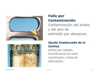 Fallo por
Contaminación
Contaminación del aceite
y del aire de
admisión por abrasivos.
Ajuste Inadecuado de la
Camisa
Daños por tallado,
transferencia de calor
insuficiente y falta de
lubricación.
30/01/2015 52F.H.C.H.
 