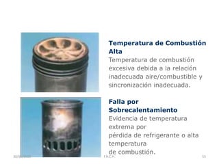 Temperatura de Combustión
Alta
Temperatura de combustión
excesiva debida a la relación
inadecuada aire/combustible y
sincronización inadecuada.
Falla por
Sobrecalentamiento
Evidencia de temperatura
extrema por
pérdida de refrigerante o alta
temperatura
de combustión.
30/01/2015 55F.H.C.H.
 