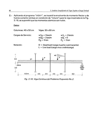 80 3. Análisis Simplificado de Vigas Sujetas a Carga Vertical
2. - Aplicando el programa "VIGA1", se trazará la envolvente de momento flector y de
fuerza cortante (ambas en condición de "rotura") para la viga mostrada en la Fig.
3.16; se supondrá que los momentos sísmicos son nulos.
Datos:
Columnas: 40 x 50 cm
Cargas de Servicio:
Notación:
?/- '''-'
,
I
3.0 w1
1~ITIIIITffiillillHIill
1
1 placa
3.0
J ! 60
+__ . m
Vigas: 30 x 60 cm
w1D =3ton/m
w2D = 2ton/m
PD == 5 ton
w1L = 2ton/m
w2L=O
PL = 3ton
D = Dead load (carga muerta o permanente)
L = Live load (carga viva o sobrecarga)
w2 un
~--~-~~_!T~II[[ rr T1IIlIlTlIIIIIIIIIIIIJ
'''-'
."-"-
viga
sobre
viga
6.0 ___~_
Fig. 3. 16. Viga Continua del Problema Propuesto No. 2.
 