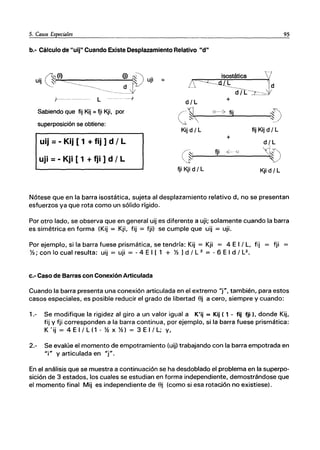 5. Casos Especiales
b.- Cálculo de "uij" Cuando Existe Desplazamiento Relativo "d"
.. 01
(i) (j) I~~
UlJ :::; ==_____ ~.) uji
-~ d 'k.
--~._._--,ji
f------- L ------f
Sabiendo que fij Kij =fji Kji, por
superposición se obtiene:
uij = - Kij [ 1 + fij ] d / L
uji = - Kji [ 1 + fji ] d / L
d/L
C~
Kij d/L
(~I
~
fji Kji d / L
95
isostática '1
+
o---;¿ fij
10
fij Kij d / L
+
d/L
fji ~-()
~
I~
Kji d/L
Nótese que en la barra isostática, sujeta al desplazamiento relativo d, no se presentan
esfuerzos ya que rota como un sólido rígido.
Por otro lado, se observa que en general uij es diferente a uji; solamente cuando la barra
es simétrica en forma (Kij = Kji, fij = fji) se cumple que uij = uji.
Por ejemplo, si la barra fuese prismática, se tendría: Kij = Kji = 4 E I / L, fij fji
Yz;conlocualresulta: uij = uji = -4EI[ 1 + Yz ld/L 2
= -6Eld/L2
•
c.- Caso de Barras con Conexión Articulada
Cuando la barra presenta una conexión articulada en el extremo "j", también, para estos
casos especiales, es posible reducir el grado de libertad Sj a cero, siempre y cuando:
1.- Se modifique la rigidez al giro a un valor igual a K'ij = Kij ( 1 - fij fji)' donde Kij,
fij Y fji corresponden a la barra continua, por ejemplo, si la barra fuese prismática:
K 'ij = 4 E I / L (1 - Yz x Yz) = 3 E I / L; y,
2.- Se evalúe el momento de empotramiento (uij) trabajando con la barra empotrada en
"i" y articulada en "j".
En el análisis que se muestra a continuación se ha desdoblado el problema en la superpo-
sición de 3 estados, los cuales se estudian en forma independiente, demostrándose que
el momento final Mij es independiente de Sj (como si esa rotación no existiese).
 