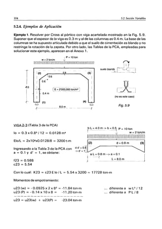 104 5.2 Sección Variables
5.2.4. Ejemplos de Aplicación
Ejemplo 1. Resolver por Cross al pórtico con viga acartelada mostrado en la Fig. 5.9.
Suponer que el espesor de la viga es 0.3 m y el de las columnas es 0.4 m. La base de las
columnas se ha supuesto articulada debido a que el suelo de cimentación es blando y no
restringe la rotación de la zapata. Por otro lado, las Tablas de la PCA, empleadas para
solucionar este ejemplo, aparecen en el Anexo 1.
IP=10ton
w = 2 ton/m 11
[l[111IillIII·"'m"rm
eoTT
n....-'IJ;..¡~¡nmJTIlillllWIIIJ
T
I
<f.O
"'"
t---------- _--ª-._º'!l_
VIGA 2-3 (Tabla 3 de la PCA)
(4)
(3)1
1
1
-~-f
(no es este caso)
Fig.5.9
lo = 0.3 X 0.83
/ 12 = 0.0128 m4
t~ =4:.<J...~_~> b =:-~1 P =10 ton
~ w= 2 ton/m
rnUIllIIIlilllITJJlI UIUllLLnIUnrrrm
Elo/L = 2x1 06xO.0128/8 = 3200 t-m
(2) d =0.8 m
Ingresando a la Tabla 3 de la PCA con d d' = 01-
-> d' =1.1
a = 0.1 y d' = 1, se obtiene: aL = 0.8 m -_> a = 0.1
J _______.!:=_8.0 m _____
f23 = 0.588
c23 = 5.54
Con lo cual: K23 = c23 E lo / L = 5.54 x 3200 = 17728 ton-m
Momentos de empotramiento:
(3)
u23 (w) = -0.0925 x 2 x 82 = -11.84 ton-m
u23 (P) = -0.14 x 10 x 8 = -11.20 ton-m
diferente a w L2 /12
diferente a P L / 8
u23 = u23(w) + u23(P) = -23.04 ton-m
 