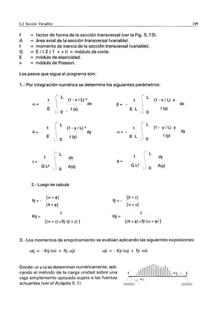 5.2 Sección Variables _ _ _ _ o
f = factor de forma de la sección transversal (ver la Fig. 5.13).
A área axial de la sección transversal (variable).
I = momento de inercia de la sección transversal (variable).
G = E/ ( 2 (1 + v)) = módulo de corte.
E módulo de elasticidad.
v = módulo de Poisson.
Los pasos que sigue el programa son:
1.- Por integración numérica se determina los siguientes parámetros:
L
(1 - x / L) 2
dx
L
(1 - x / L) x
a= -------- -----
E
- I (x)
O
L
(1 - Y/ L) 2
9=
E I (y)
O
L
dx
y=
G L2
O
A(x)
2.- Luego se calcula:
fij = -
[w + <1>]
[9 + <1>]
1
Kij =
[(a + y) +fij (13 + y) ]
dy
13 = -
E L
w=-
E L
<1>=
G L2
[13 + y]
fji = -
[a +y]
Kji =

1
O
I (x)
L
(1 - Y/ L)
O
I (y)
L
dy
O
A(y)
[(9 + <1» +fji (w + <1» ]
Y
109
dx
dy
3.- Los momentos de empotramiento se evalúan aplicando las siguientes expresiones:
uij = - Kij (ai + fij aj) uji = - Kji (aj + fji ai)
Donde: ai yaj se determinan numéricamente, apli-
cando el método de la carga unidad sobre una
viga simplemente apoyada sujeta a las fuerzas
actuantes (ver el Acápite 5.1).
{lnllllHIII1111[!r.aj.~. j
 