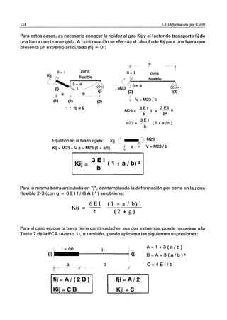 124 5.3 Deformación por Corte
Para estos casos, es necesario conocer la rigidez al giro Kij y el factor de transporte fij de
una barra con brazo rígido, A continuación se efectúa el cálculo de Kij para una barra que
presenta un extremo articulado (fij = O):
b
t - . . . {
e= 1 zona
Kij N flexible
e ."··1 ó = a//l
(1') .. l.,.< -~ ~"""
,,_L _~ (j)
l' a 1" .b_·
1
(1) (2) (3)
e= 1 zona
e~7r____~fl~ex~ib~le~__L~~
M23 . 1ó = a ~"""
(2) (3)
I
~ V = M23/b
!
ü ) fij = O M23 = 3!= I e + .3É I ó
b b2
3 E I
M23 = ( 1 + a / b )
b
Equilibrio en el brazo rígido: Kij r _ ) M23
Kij =M23 + V a =M23 (1 + a/b) . ,t a } V =M23/ b
Kij = 3 E I (1 + a / b) 2
b
Para la misma barra articulada en "j", contemplando la deformación por corte en la zona
flexible 2-3 (con g = 6 El f / G A b2
) se obtiene:
Kij =
6 El
b
(1+a/b)2
(2 + g)
Para el caso en que la barra tiene continuidad en sus dos extremos, puede recurrirse a la
Tabla 7 de la peA (Anexo 1), o también, puede aplicarse las siguientes expresiones:
I 1=00 I
(i) .------~----jl ü)
!
fij =Al (2 B)
Kij =e B
b
fji =Al 2
Kji =e
A=1+3(a/b)
B=A+3(a/b)2
C=4EI/b
 