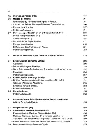xiv
6.5. Interacción Pórtico-Placa
6.6. Método de Ozawa
- Nomenclatura y Fórmulas que Emplea el Método.
- Caso en que Existen Placas de Diferentes Características.
- Ejemplo de Aplicación.
- Problemas Propuestos.
6.7. Corrección por Torsión en un Entrepiso de un Edificio
- Centro de Rigidez Lateral (CR).
- Centro de Carga (CQ).
- Momento Torsor Reglamentario.
- Ejemplo de Aplicación.
- Edificios con Ejes Inclinados en Planta.
- Problemas Propuestos.
7. Nociones Generales Sobre Estructuración de Edificios
7.1. Estructuración por Carga Vertical
- Aligerados.
- Ductos y Diafragmas Flexibles.
- Otros Sistemas de Techados para Ambientes con Grandes Luces.
- Escaleras.
- Problemas Propuestos.
7.2. Estructuración por Carga Sísmica
- Rigidez, Continuidad Vertical, Hiperestacidad y Efecto P-O
- Tabiques yAlféizar de Albañilería.
- Simetría y Juntas Sísmicas.
- Problemas Propuestos.
7.3. Cimentaciones
8.
- Problema Propuesto.
Introducción a la Solución Matricial de Estructuras Planas
Método Directo de Rigidez
8.1. Cargas Nodales { Q }
8.2. Solución del Estado Complementario
- Ensamblaje de la Matriz de Rigidez Global [R]
- Matriz de Rigidez de Barra en Coordenadas Locales [k']
- Transformación de la Matriz de Rigidez de Barra del Local al Global.
- Cálculo de Desplazamientos, Reacciones y Fuerzas de Sección.
8.3. Resumen del Método Directo de Rigidez.
197
201
201
206
207
211
213
213
214
217
218
221
223
225
226
226
228
232
234
237
239
241
245
248
251
253
258
259
260
263
263
267
269
273
275
 