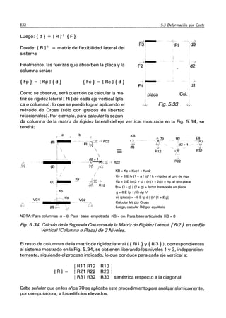 132 5.3 Deformación por Corte
Luego: { d} = [R ]-1 {F}
Donde: [ R ]-1 = matriz de flexibilidad lateral del
sistema
Finalmente, las fuerzas que absorben la placa y la
columna serán:
{ Fp} = [ Rp ] { d } { Fc} = [ Rc ] { d }
Como se observa, será cuestión de calcular la ma-
triz de rigidez lateral [ Ri ] de cada eje vertical (pla-
ca o columna), lo que se puede lograr aplicando el
método de Cross (sólo con grados de libertad
rotacionales). Por ejemplo, para calcular la segun-
-->-----
F31
'!
--;.---
F2 '
F1r
I placa
PI
Fig.5.33
;..
d3
d2
d1
Col.
da columna de la matriz de rigidez lateral del eje vertical mostrado en la Fig. 5.34, se
tendrá:
.~
VC1
a b
--+-- - ------1
(3)~


- p¡~$-'7R32


KB
X)
(O)
(2)
Í;m
,d2 = 1
'}'
v
R12
"
(2) I
I
d2 = 1
-~~~7R22
" /"
R22
/
/
(1) r-- Kv
Kp
VC2
/
KB = Ks + Kvc1 + Kvc2
Kv = 3 E Iv (1 + a / b)2/ b = rigidez al giro de viga
Kp = 2 E Ip (2 + g) / (h (1 + 2g)) = rig, al giro placa
fp = (1 - g) / (2 + g) = factor transporte en placa
9 = 6 E Ip f / G Ap h2
uij (placa) = - 6 E Ip d / (h2 (1 + 2 g))
Calcular Mij por Cross
Luego. calcular Ri2 por equilibrio
NOTA: Para columnas a = O. Para base empotrada KB = oo. Para base articulada KB = O
(3)
--:cl'ii'
/ , )'
'"
R32
Fig. 5.34. Cálculo de la Segunda Columna de la Matriz de Rigidez Lateral {Ri2} en un Eje
Vertical (Columna o Placa) de 3 Niveles.
El resto de columnas de la matriz de rigidez lateral ( { Ri1 } Y { Ri3 } ), correspondientes
al sistema mostrado en la Fig. 5.34, se obtienen liberando los niveles 1 y 3, independien-
temente, siguiendo el proceso indicado, lo que conduce para cada eje vertical a:
[R]
I R11 R12
I R21 R22
I R31 R32
R13 I
R231
R33 Isimétrica respecto a la diagonal
Cabe señalar que en los años 70 se aplicaba este procedimiento para analizar sísmicamente,
por computadora, a los edificios elevados.
 